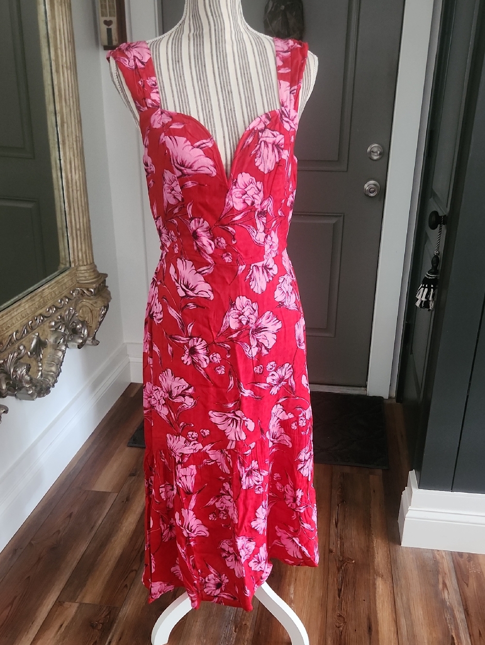 Band Of Gypsies Red Floral Midi Dress with Pink Bloom Print